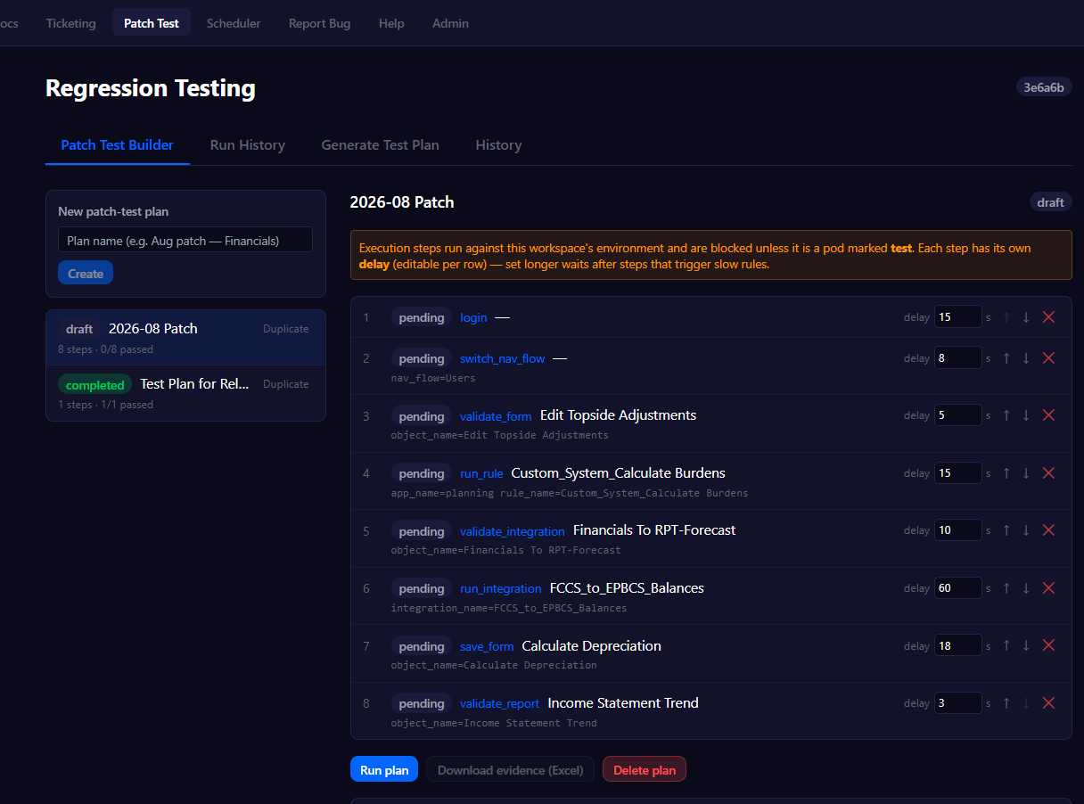 Patch regression test workbook: each critical form, close rule, and integration run against an isolated pod, with pass and attention states dated and captured.